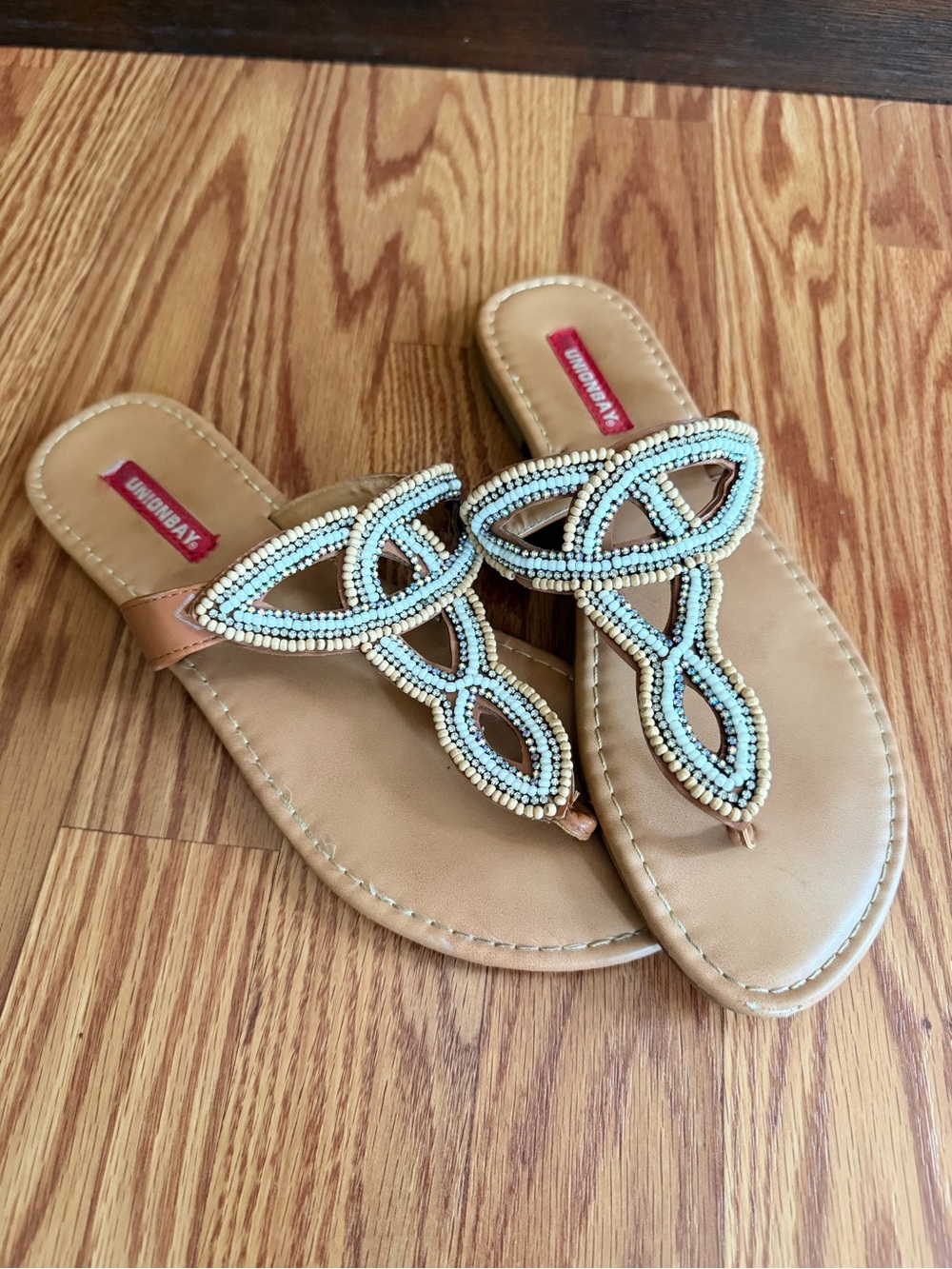 UNIONBAY Tan Sandal with Light Blue and Cream Bead Accents